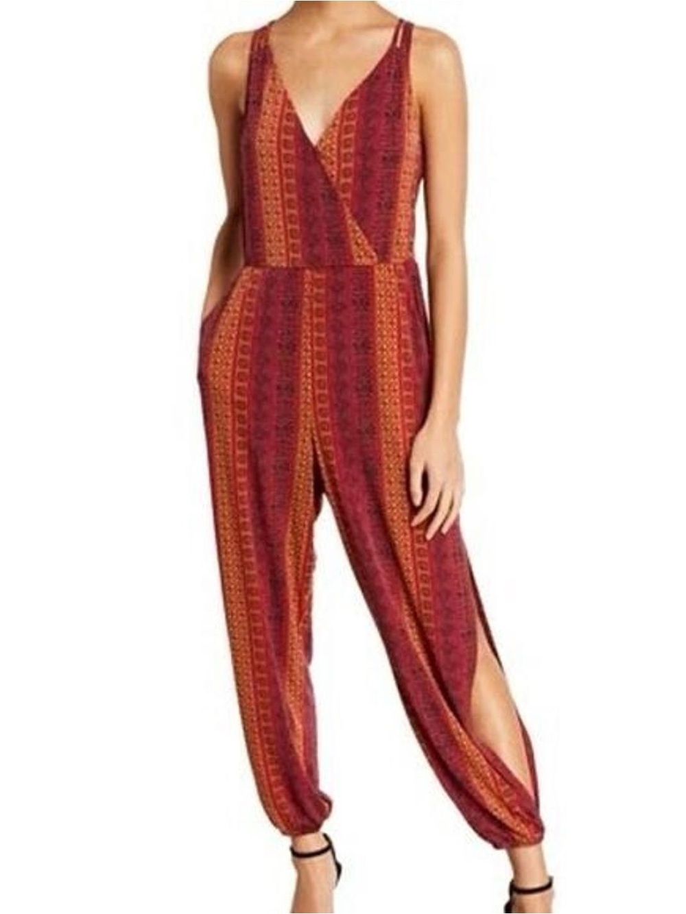BCBGeneration Folklore Printed Split Leg Faux Wrap Jumpsuit